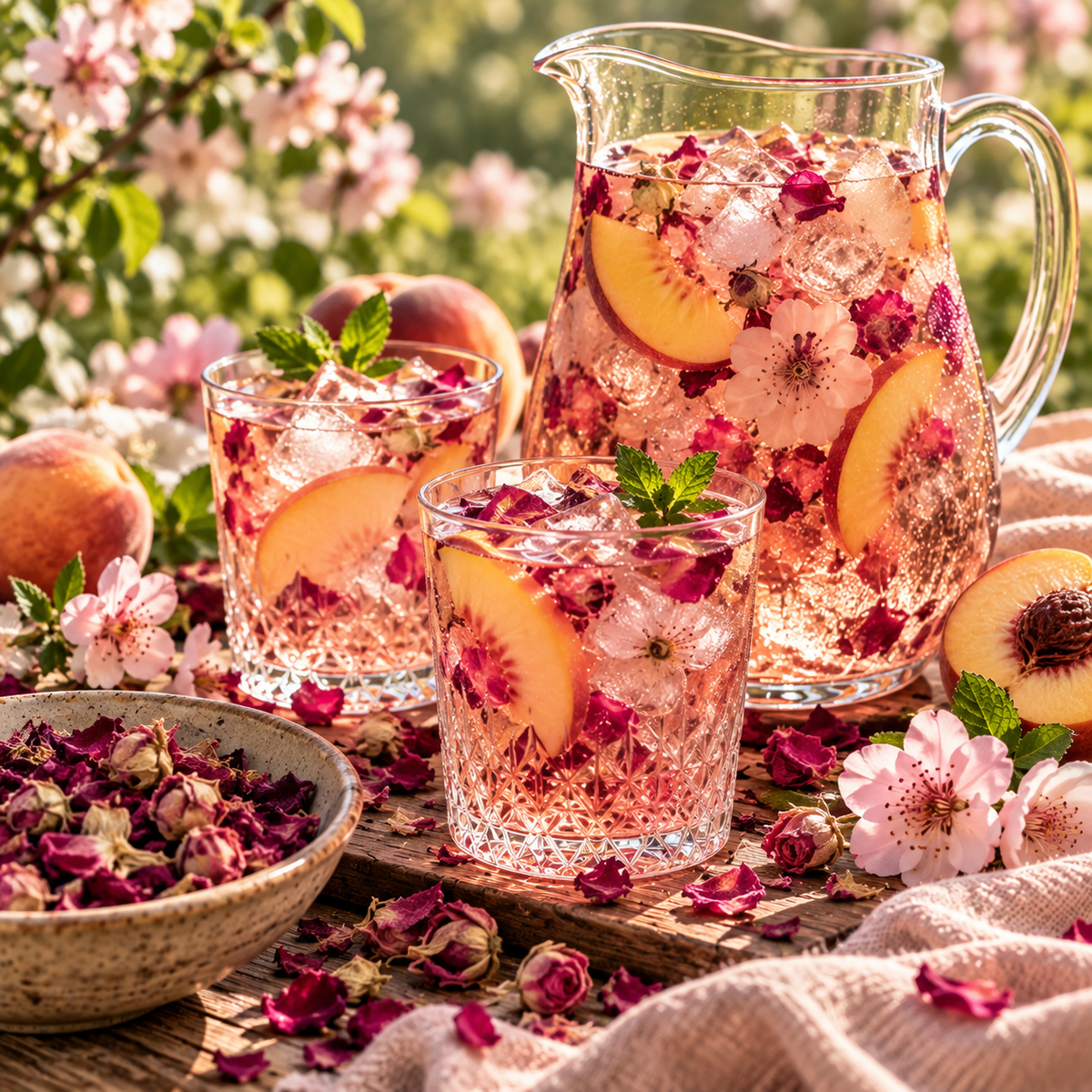 Peach Blossom and Rose iced tea with fresh peach, rose petals and ice