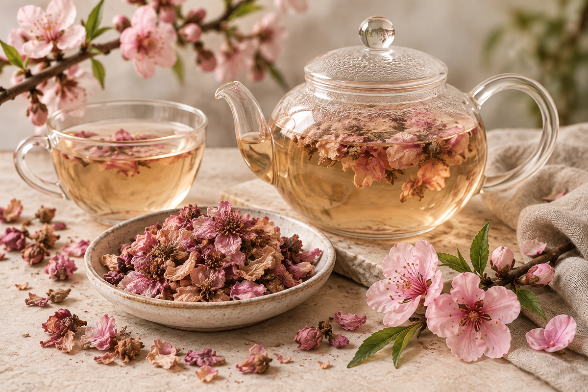 Peach Blossom tea preparation with dried Prunus persica blossoms steeping in a glass teapot and a delicate pale golden floral infusion