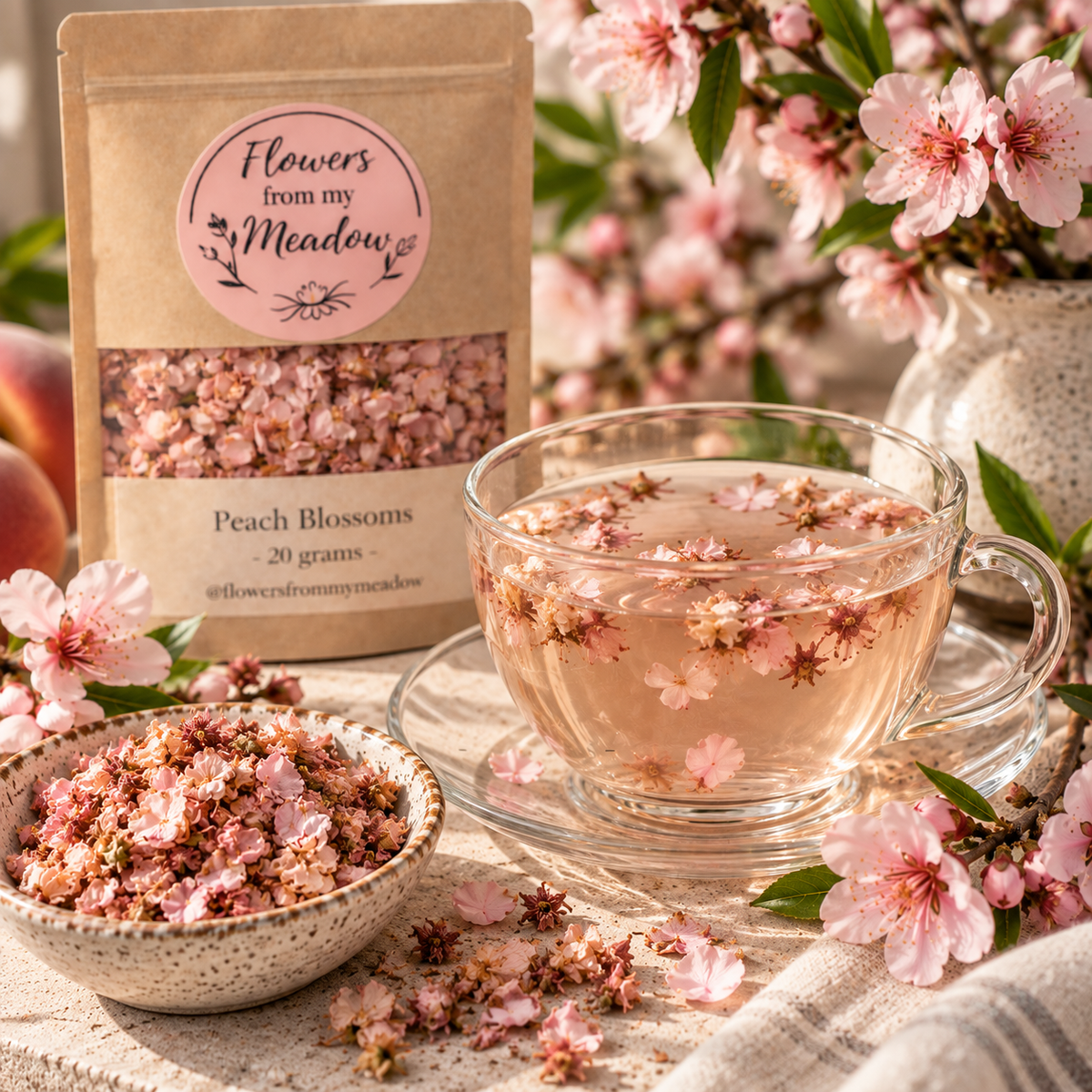 Peach blossom tea with dried Peach Blossoms, fresh pink peach flowers and a delicate pale blush botanical infusion