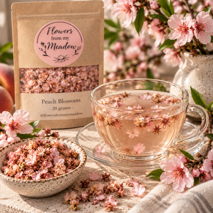 Peach blossom tea with dried Peach Blossoms, fresh pink peach flowers and a delicate pale blush botanical infusion