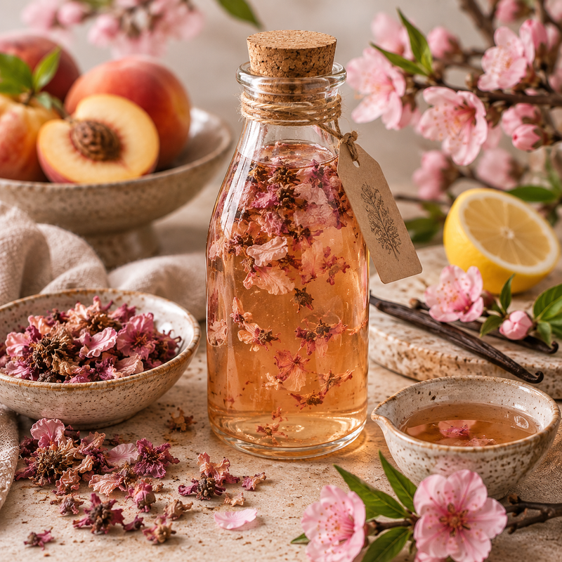 Peach Blossom and vanilla syrup with dried Peach Blossoms, fresh pink peach flowers, ripe peaches, vanilla pods and lemon