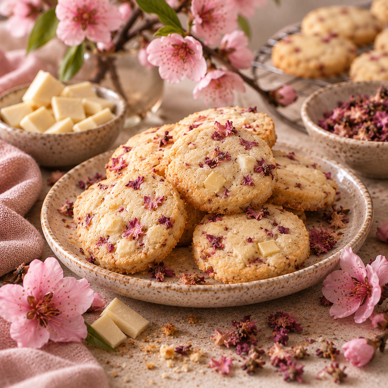 Peach Blossom and white chocolate shortbread biscuits with dried Peach Blossoms, white chocolate pieces and fresh pink peach flowers