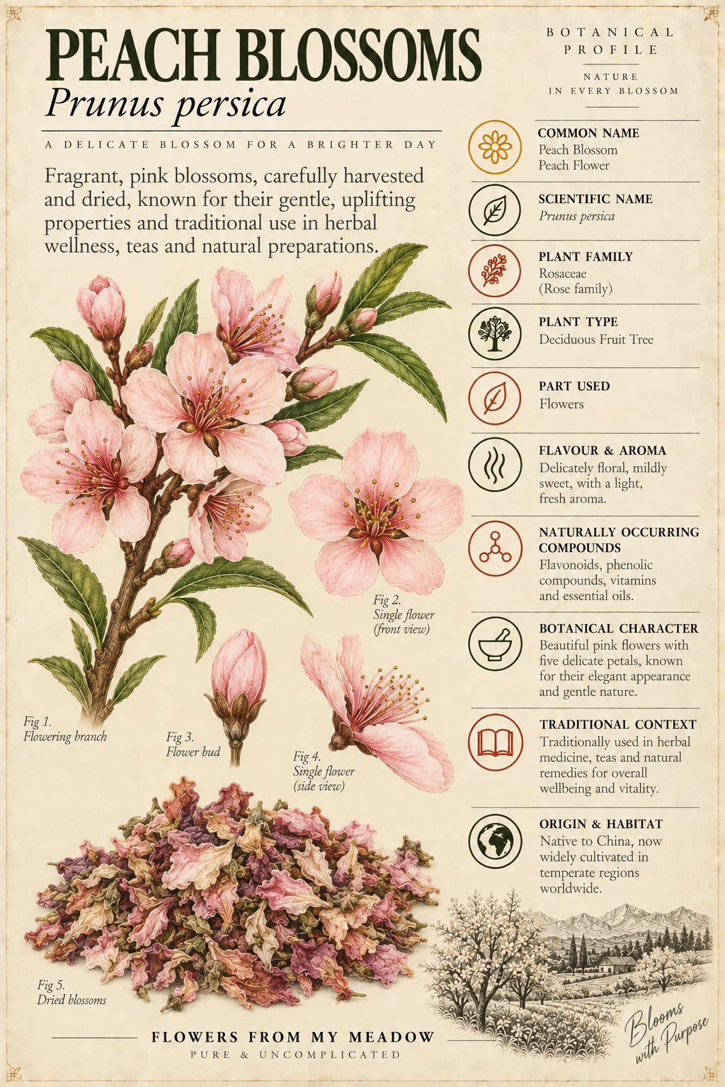 Vintage botanical profile of Peach Blossoms showing Prunus persica flowers, buds, dried blossoms and key botanical information