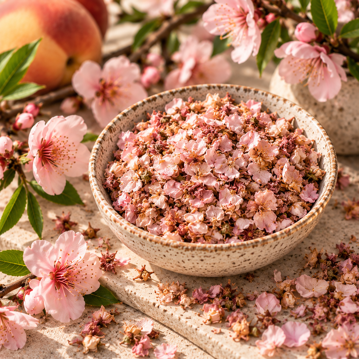Close-up of dried Peach Blossoms showing their natural soft pink, blush and pale peach tones, styled with fresh peach flowers and flowering branches
