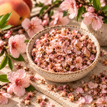 Close-up of dried Peach Blossoms showing their natural soft pink, blush and pale peach tones, styled with fresh peach flowers and flowering branches