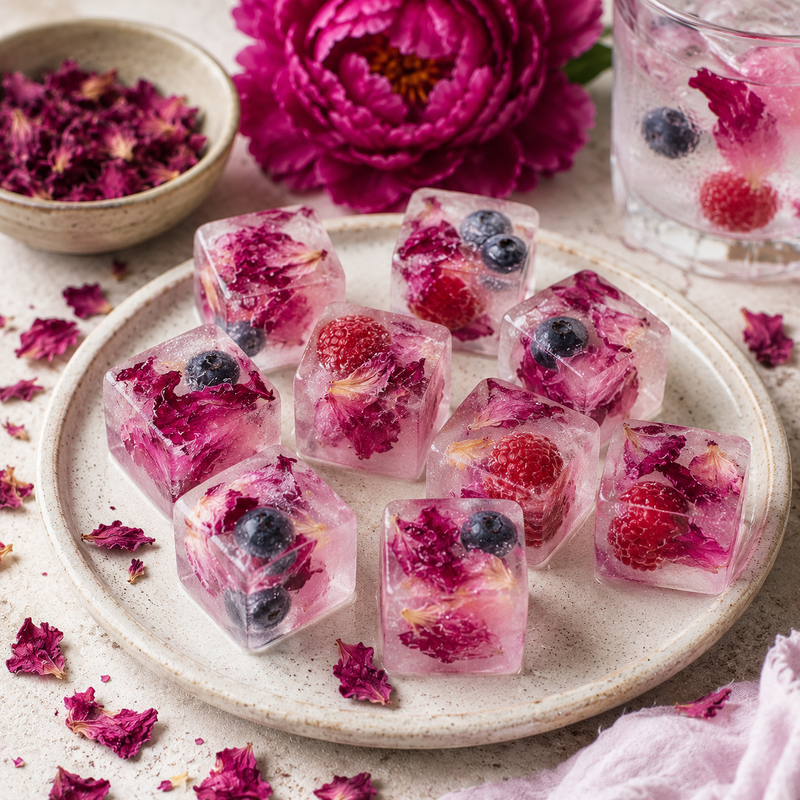 Botanical ice cubes filled with deep magenta Peony Petals, raspberries and blueberries for chilled summer drinks