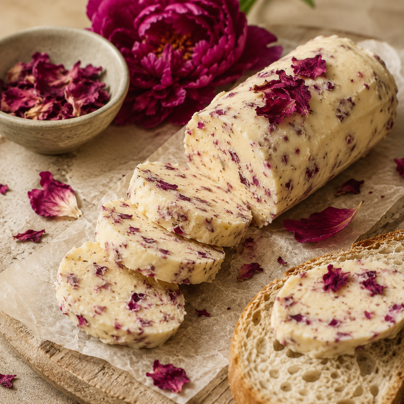 Peony Petal butter flecked with deep magenta dried Peony Petals, sliced and served with fresh bread