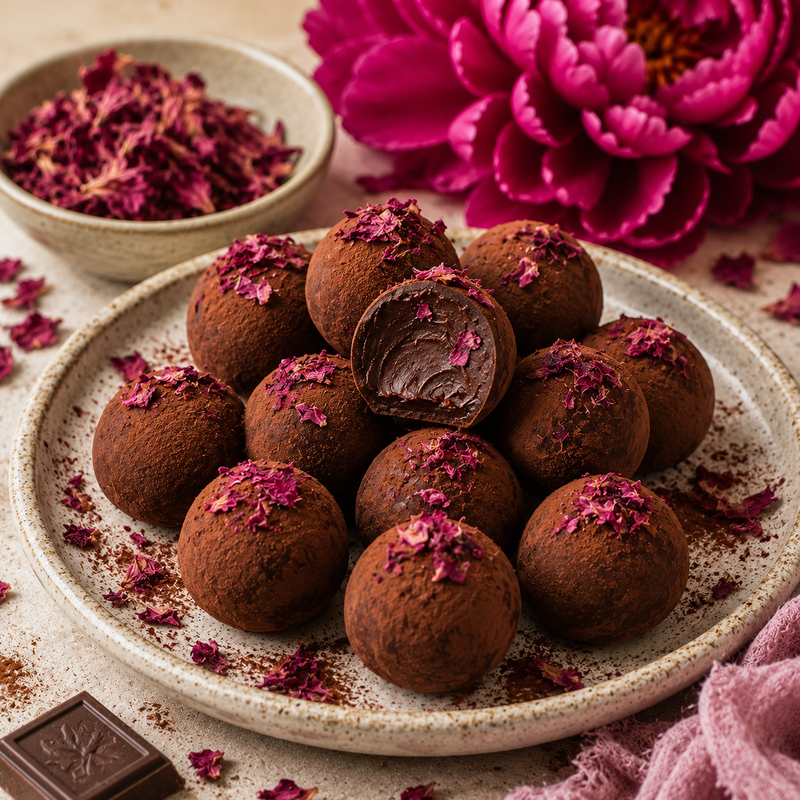 Dark chocolate truffles finished with deep magenta dried Peony Petals and cocoa powder