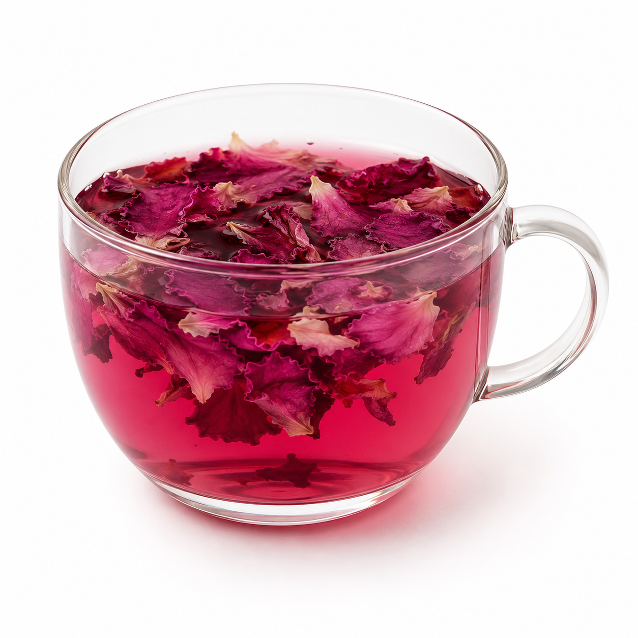 Peony Petal herbal tea infusion in a clear glass cup with dried peony petals