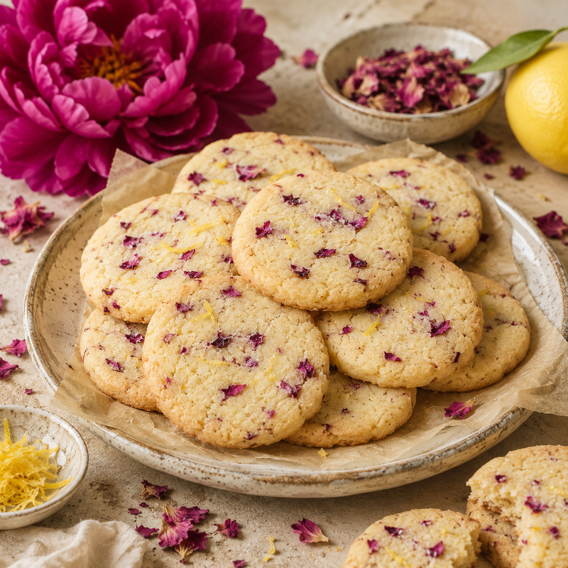 Peony Petal and lemon biscuits baked with deep magenta dried Peony Petals and fresh lemon zest