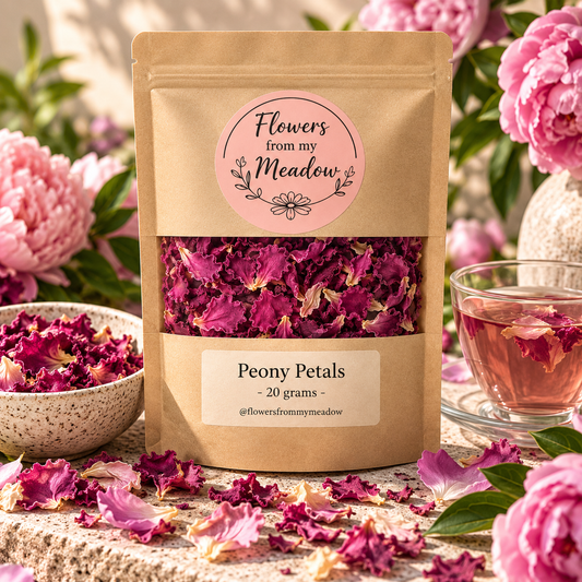 Peony Petals 20 g resealable kraft pouch filled with dried deep pink peony petals, styled with fresh pink peonies and a delicate rosy botanical infusion