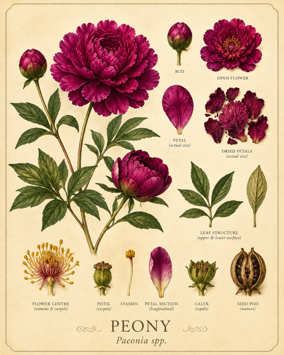 Vintage botanical profile of Peony showing deep magenta flowers, buds, dried petals, leaves and flower structure of Paeonia species