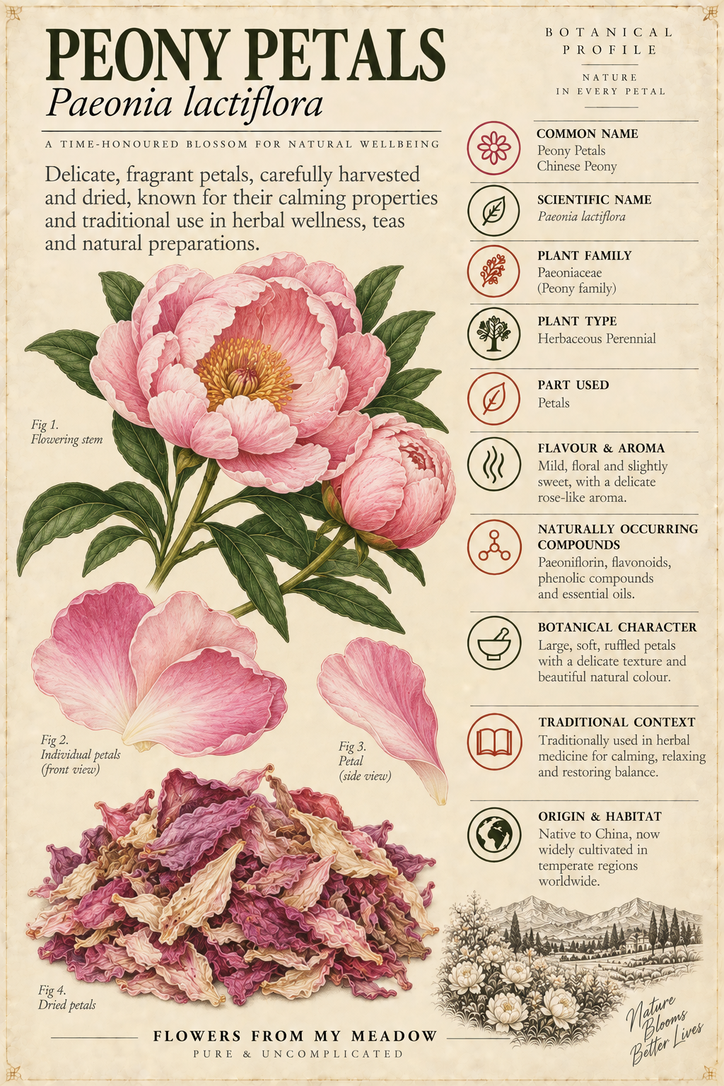 Vintage botanical profile of Peony Petals showing Paeonia lactiflora flowers, dried petals and key botanical information