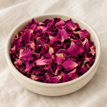 Dried Peony Petals in a ceramic bowl showing deep pink and magenta petals