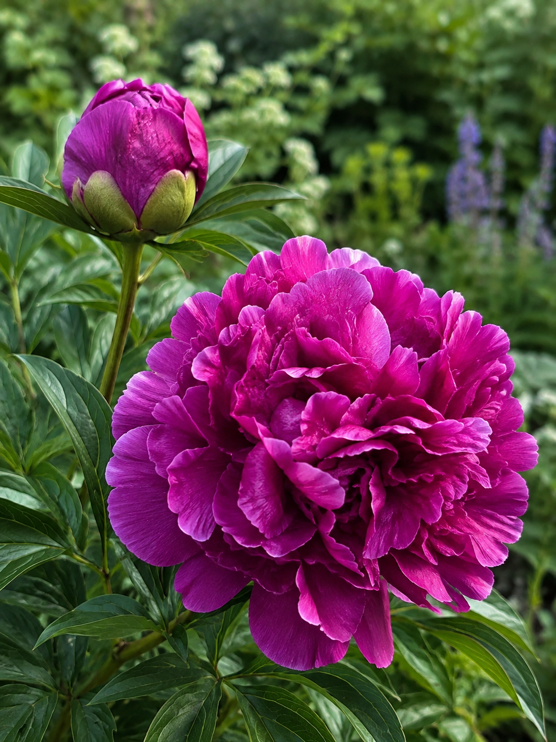 Pink peony flower in full bloom with a developing peony bud among natural green foliage in soft garden light