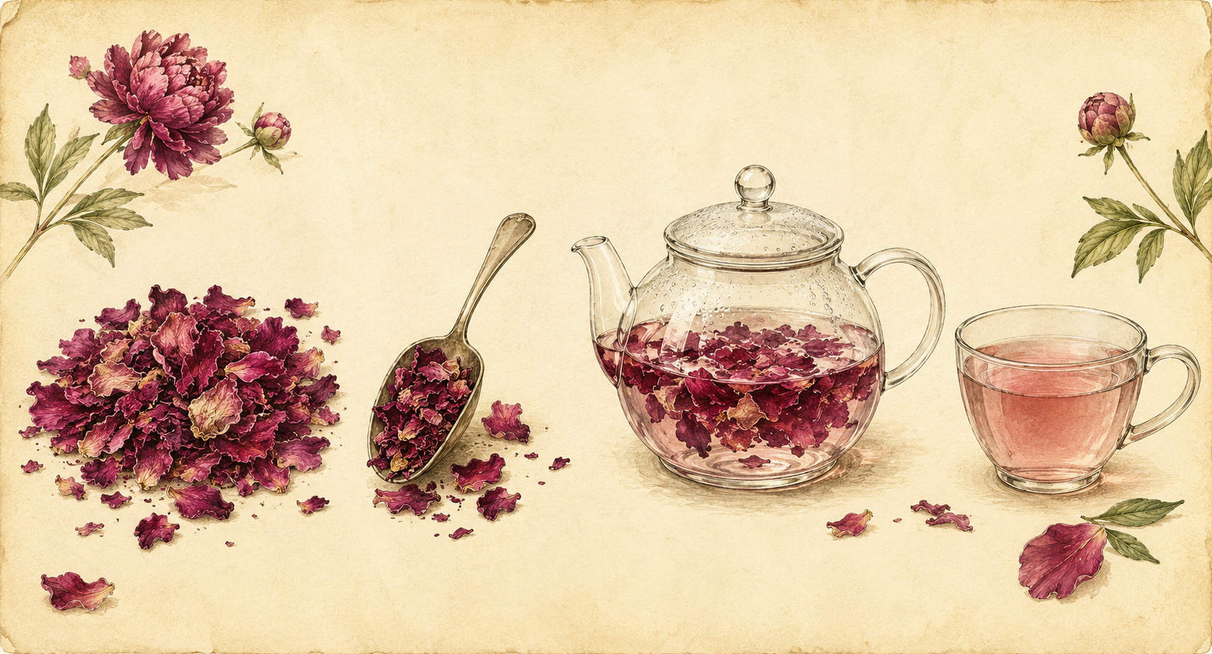 Vintage botanical illustration showing dried Peony Petals, measured petals, deep magenta petals steeping in a clear glass teapot and a finished peony infusion