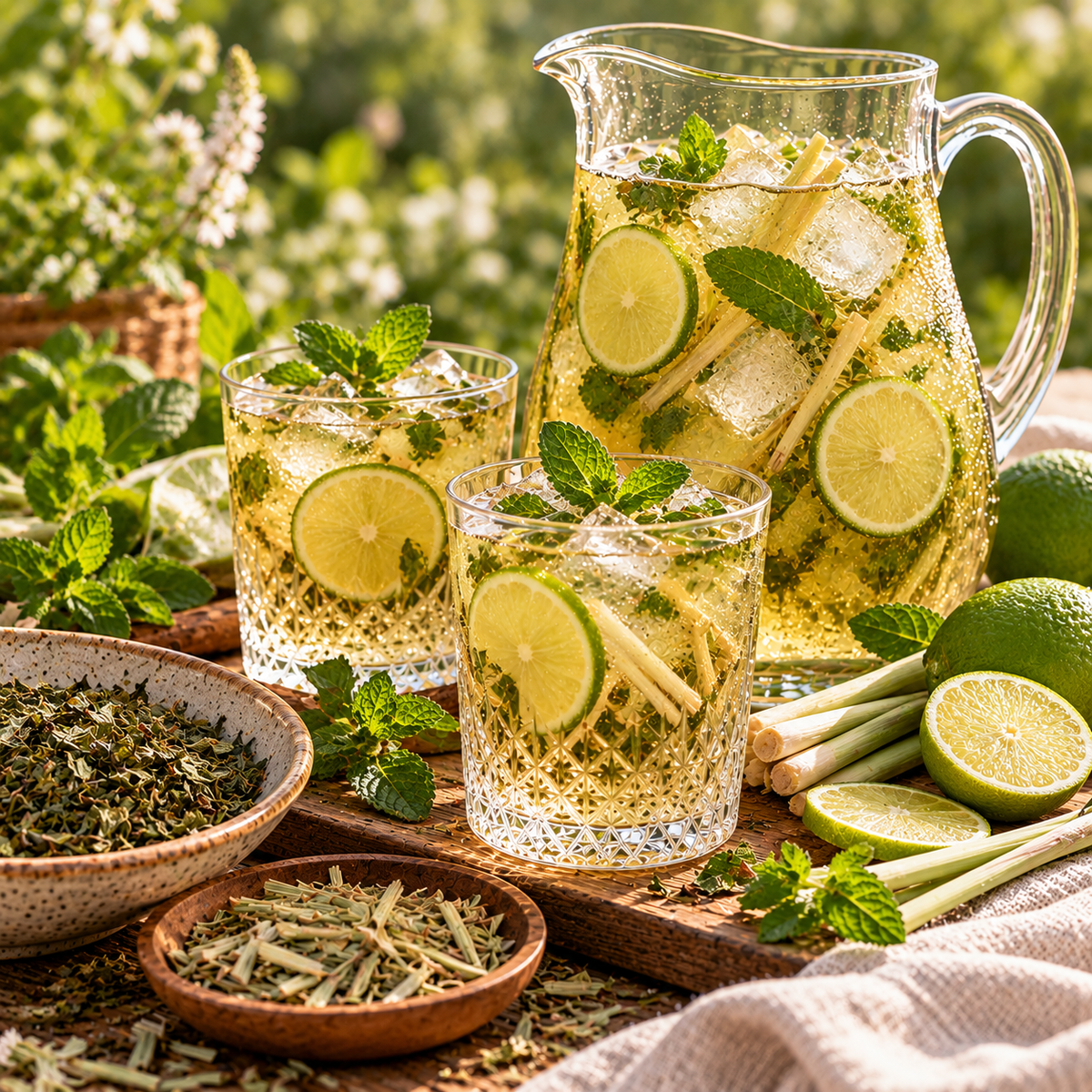 Peppermint and Lemongrass iced tea with fresh lime, mint and ice