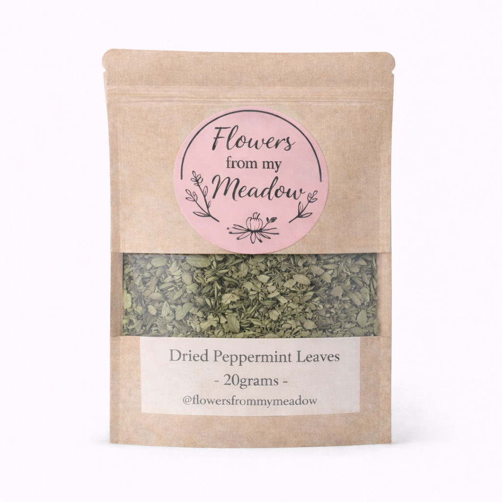 Package of dried peppermint leaves with 'Flowers from my Meadow' label on a white background