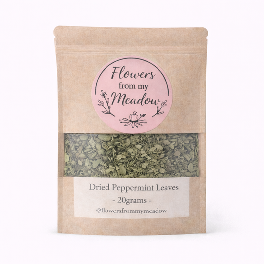 Package of dried peppermint leaves with 'Flowers from my Meadow' label on a white background