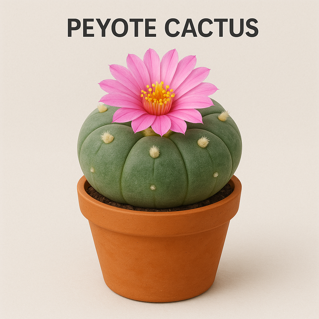 Potted Peyote Cactus with a pink flower on a beige background