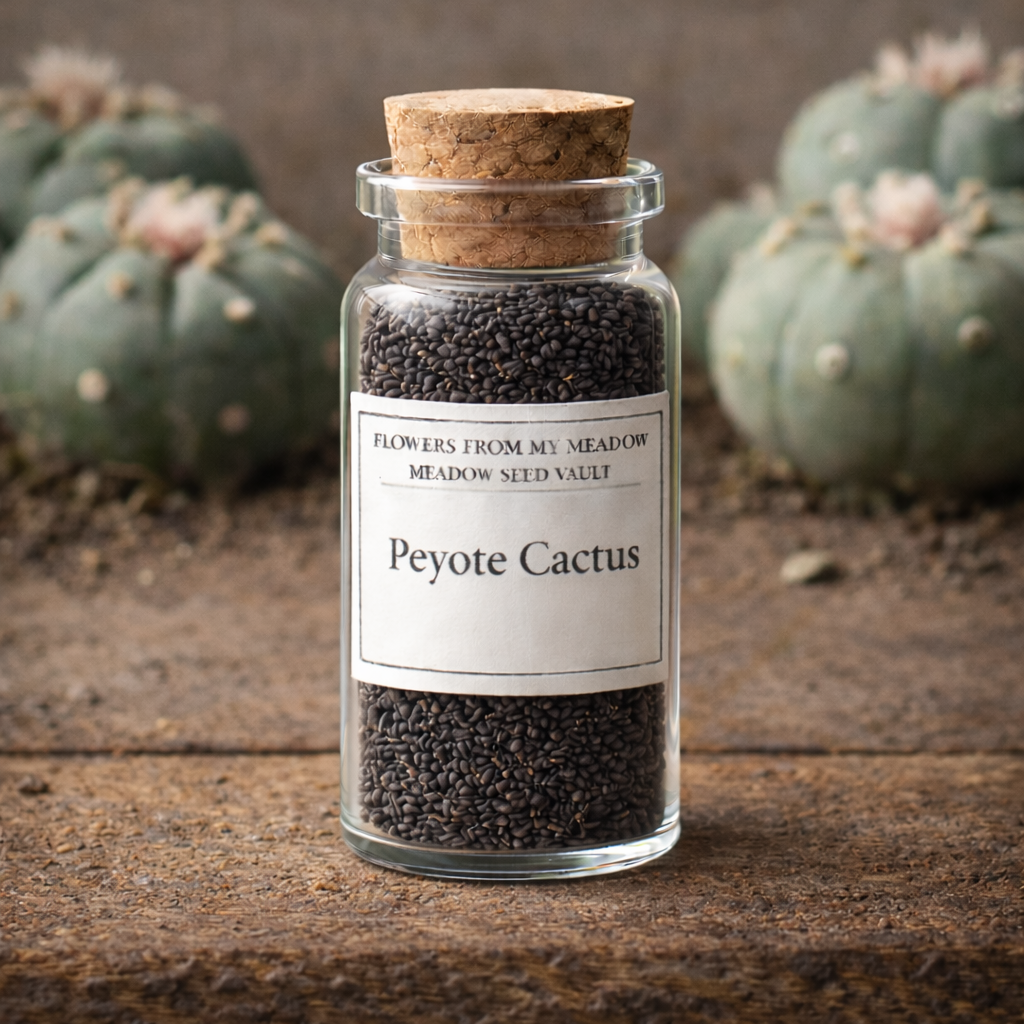 Glass jar with cork lid containing peyote cactus seeds on a wooden surface with cacti in the background.