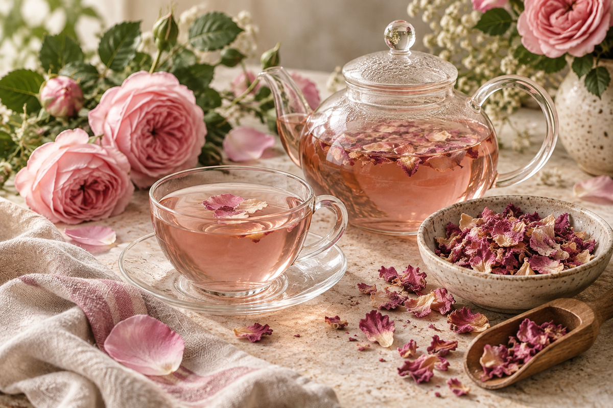 Pink Rose Petal tea preparation with dried rose petals steeping in a glass teapot and a delicate blush-pink floral infusion