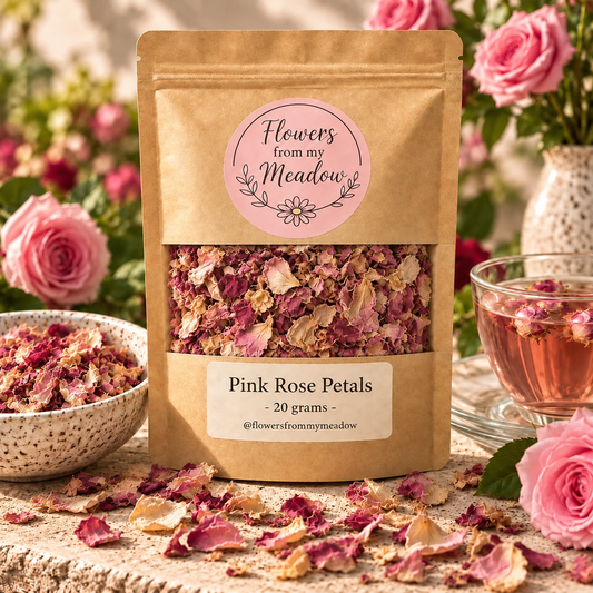 Flowers from my Meadow Pink Rose Petals 20g in a kraft pouch, showing naturally dried pink, blush and faded rose petals beside a cup of herbal tea.