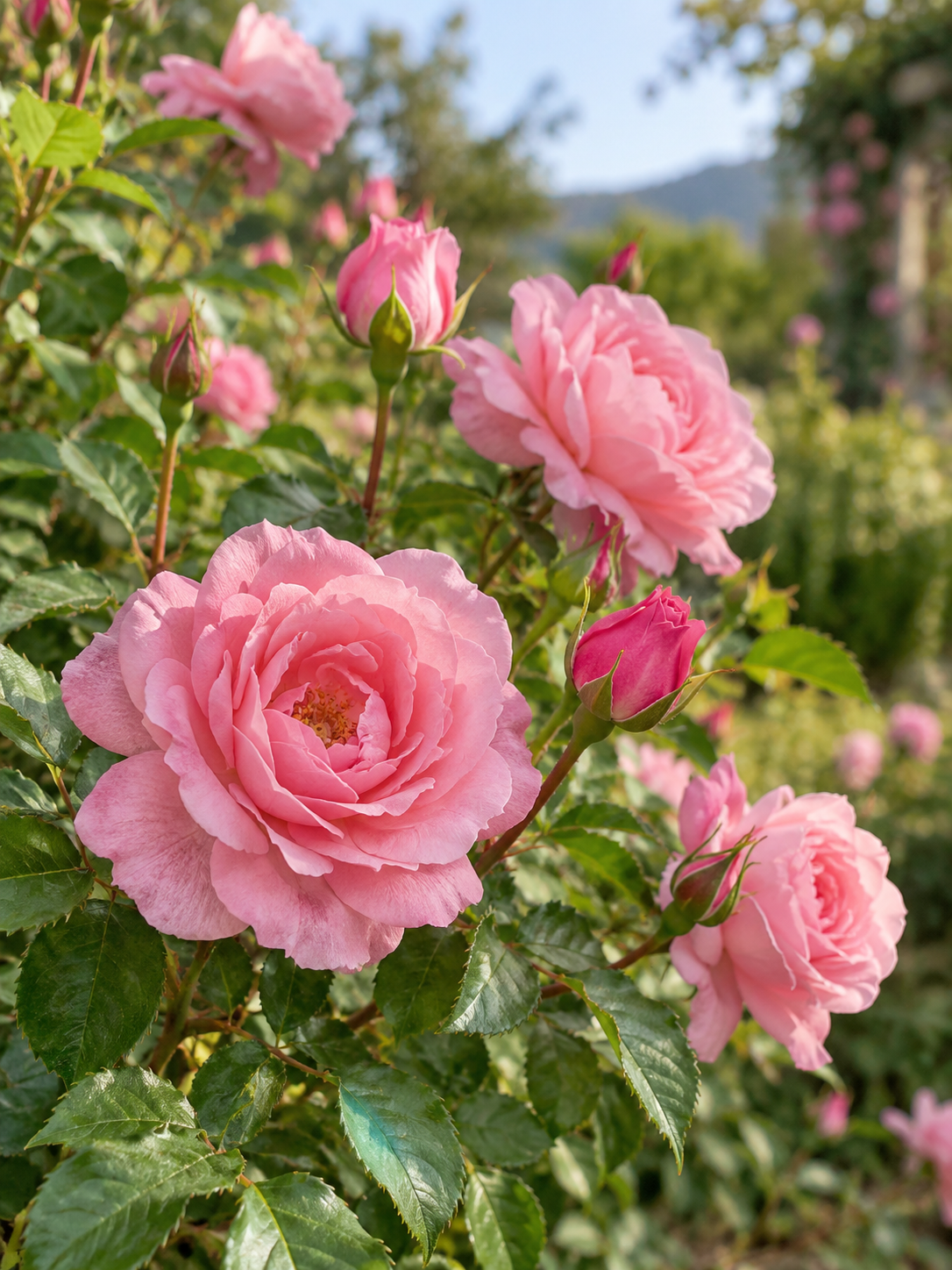 Fresh pink roses growing naturally on the plant with open blooms, rose buds and green foliage in soft garden sunlight
