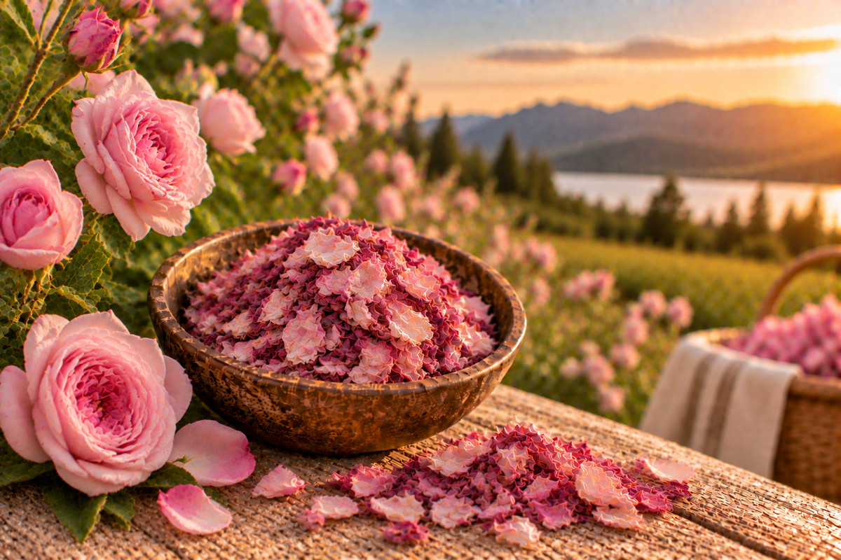 Fresh pink roses growing naturally on the plant with open blooms, rose buds and green foliage in soft garden sunlight