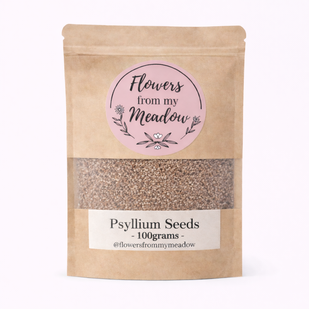 Kraft paper packaging of psyllium seeds with a label reading 'Flowers from my Meadow'.