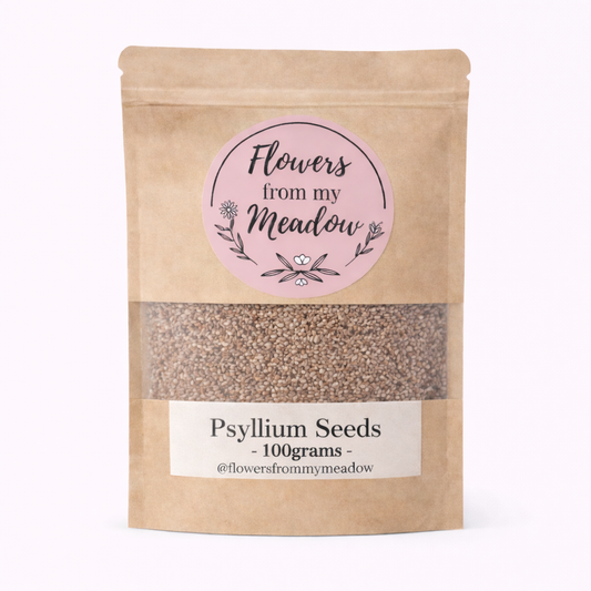 Kraft paper packaging of psyllium seeds with a label reading 'Flowers from my Meadow'.