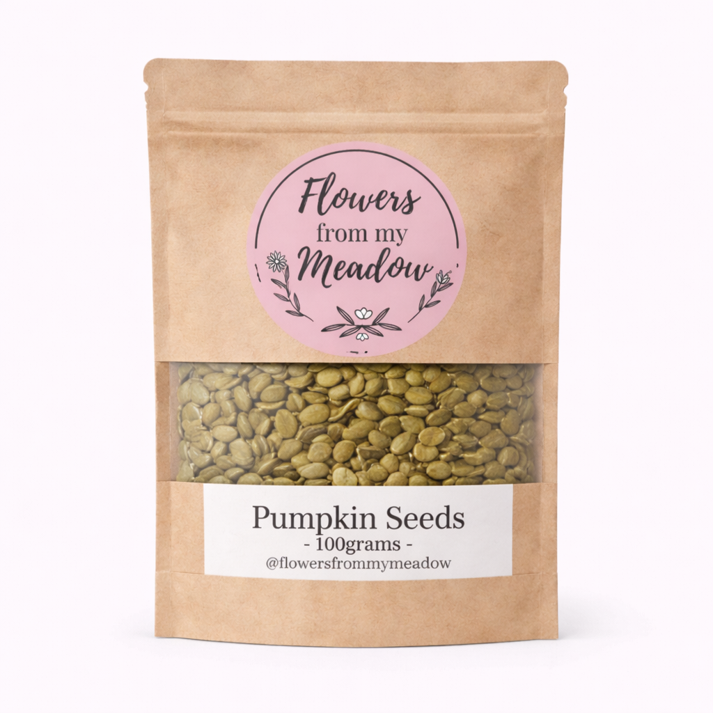 Package of pumpkin seeds with 'Flowers from my Meadow' label on a white background