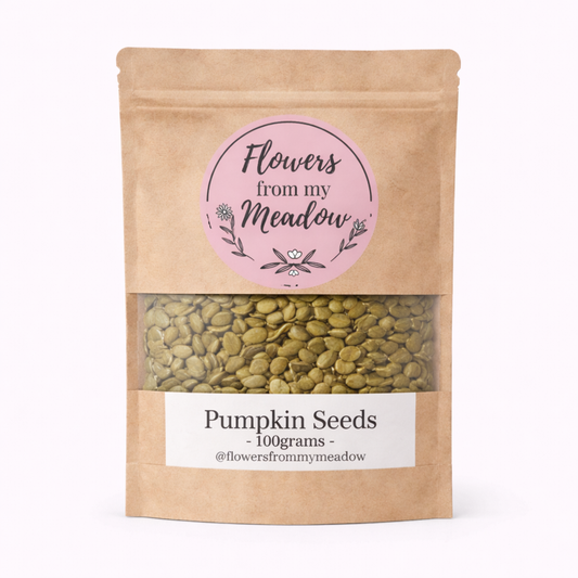 Package of pumpkin seeds with 'Flowers from my Meadow' label on a white background