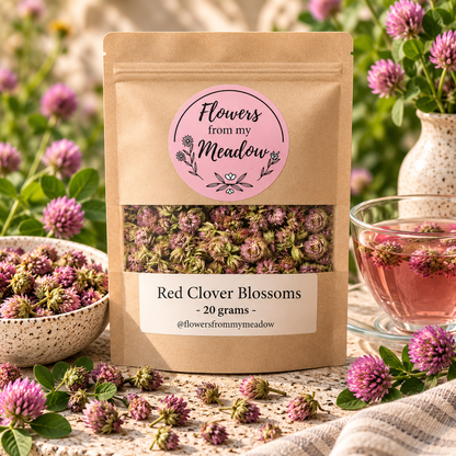 Red Clover Blossoms 20 g resealable kraft pouch filled with dried pink and green clover blossoms, styled with fresh red clover flowers and a rosy botanical infusion