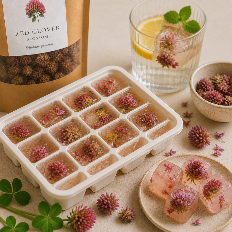 Red Clover botanical ice cubes made with a Red Clover Blossom infusion and frozen blossoms