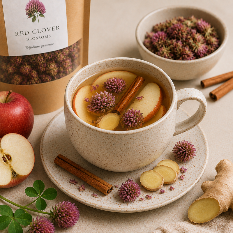 Red Clover spiced apple tea with fresh apple, cinnamon, ginger and Red Clover Blossoms