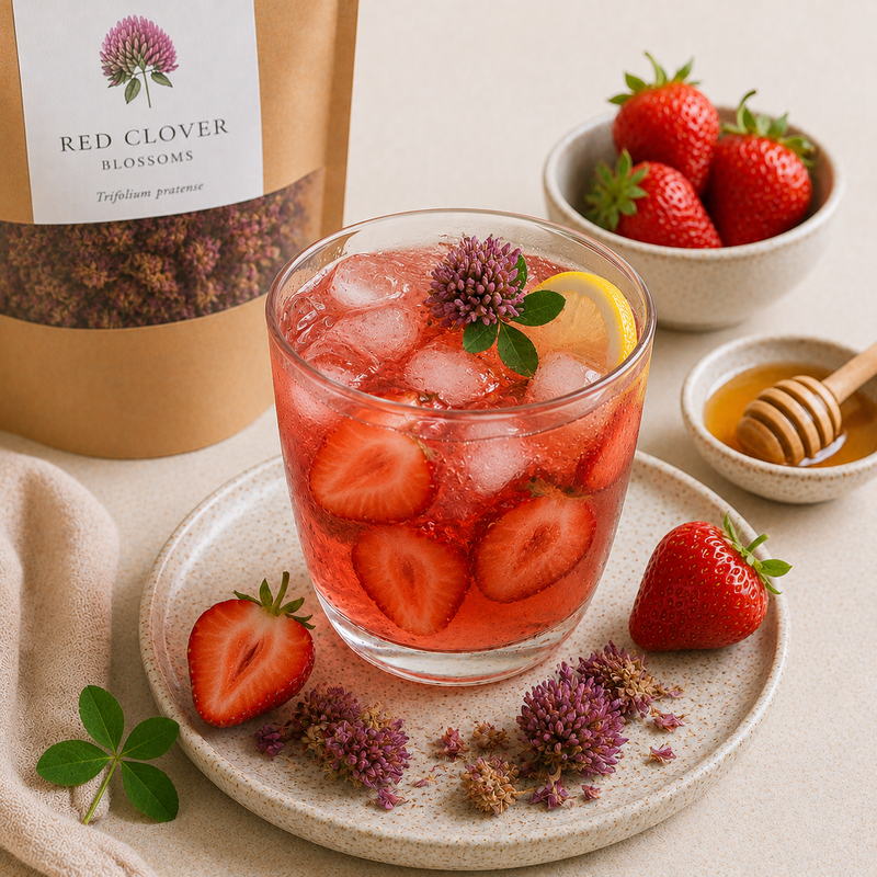Red Clover and strawberry iced tea with fresh strawberries, lemon and Red Clover Blossoms