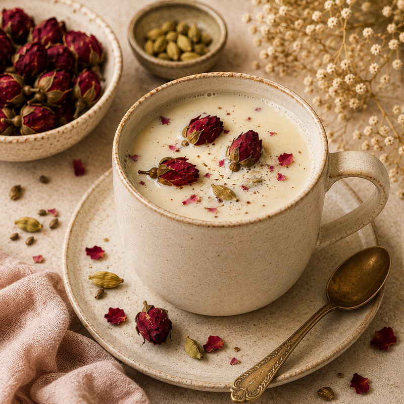 Warm rose bud and cardamom milk infused with whole dried Red Rose Buds and green cardamom pods