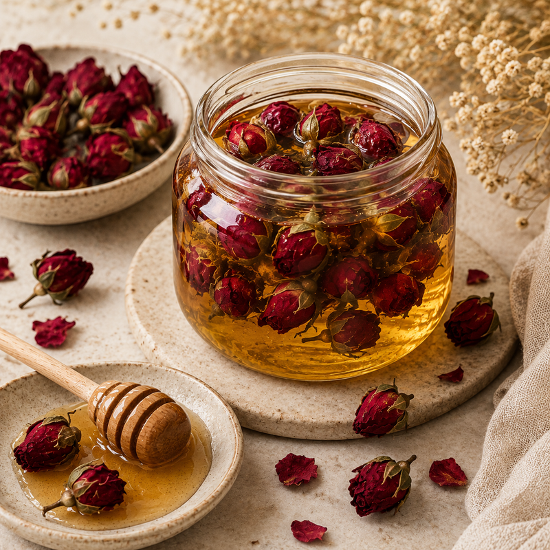 Golden honey infused with whole dried Red Rose Buds in a glass jar with deep red rose buds and a wooden honey dipper