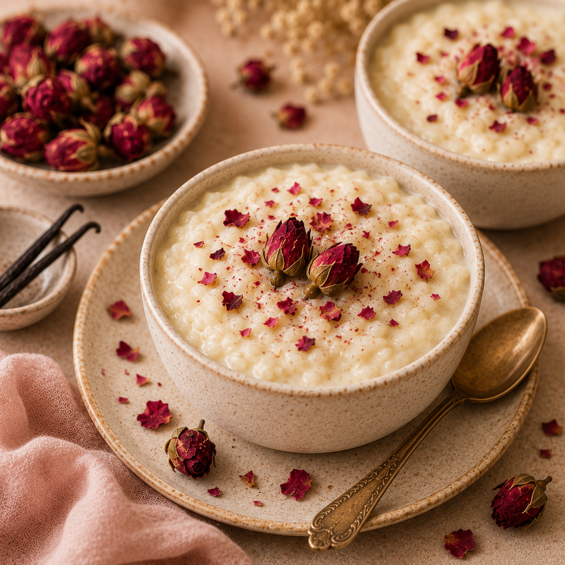Creamy rose bud and vanilla rice pudding topped with deep red dried Rose Buds and scattered rose petals