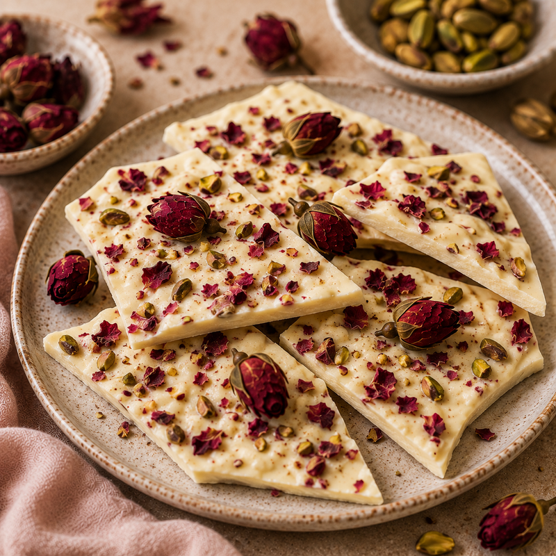 White chocolate bark topped with deep red dried Rose Buds, scattered rose petals and chopped pistachios