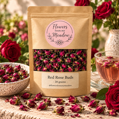 Red Rose Buds 20 g resealable kraft pouch filled with dried deep red rose buds, styled with fresh red roses and a delicate rosy botanical infusion