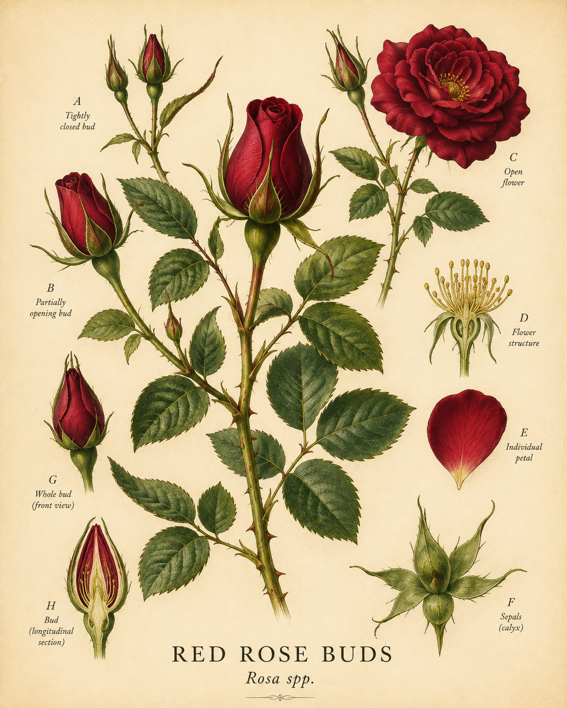 Vintage botanical profile of Red Rose Buds showing closed and opening buds, deep red rose flower, serrated leaves, thorny stems, petals and flower structure