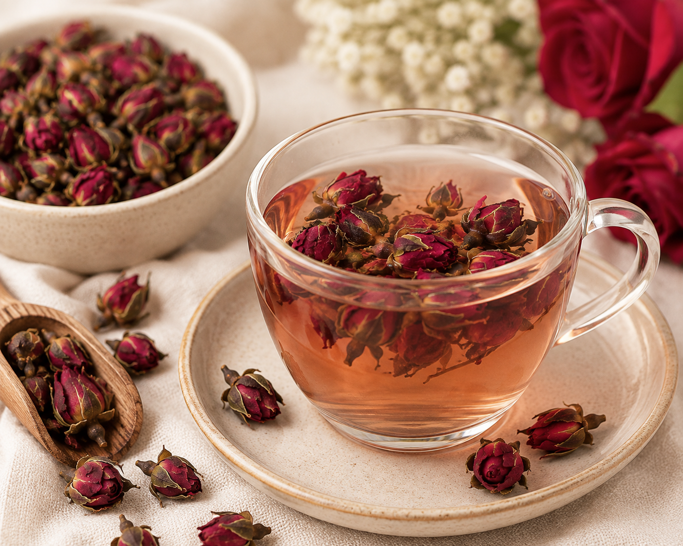 Red Rose Buds steeping in a glass cup with dried rose buds and botanical styling