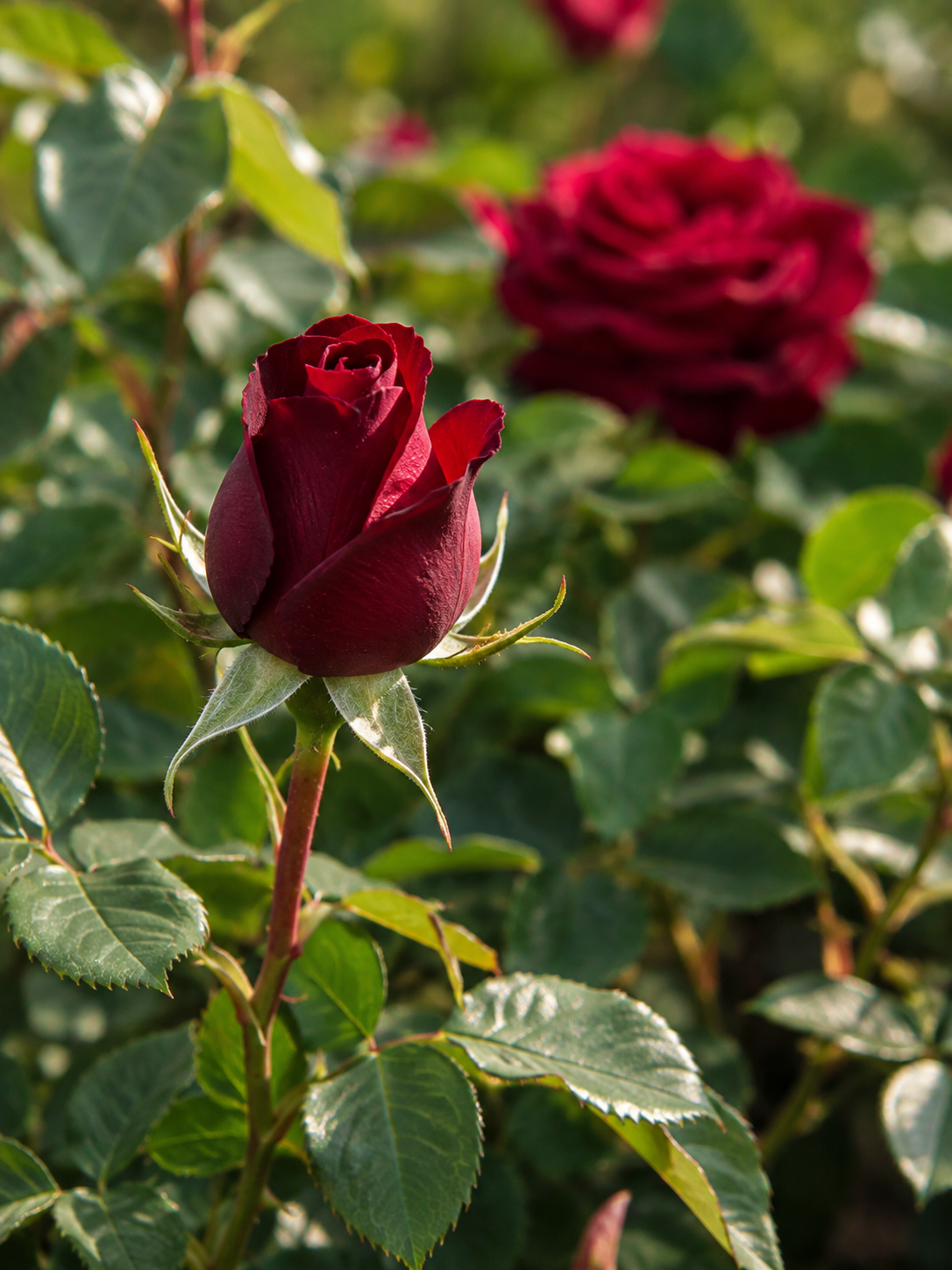 Deep red rose bud beginning to open naturally on the plant among green rose leaves and soft garden foliage