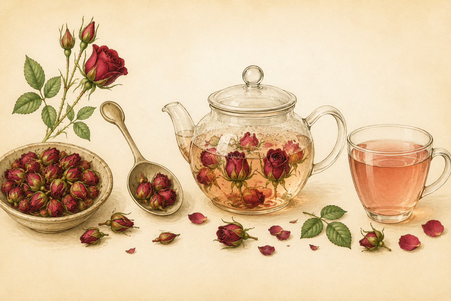 Vintage botanical illustration showing whole dried Red Rose Buds, measured buds, rose buds steeping in a clear glass teapot and a finished rose infusion