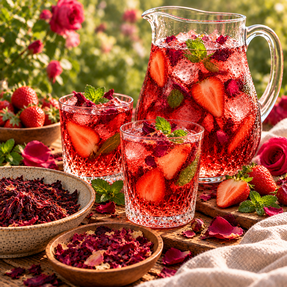 Rose and Hibiscus iced tea with fresh strawberries, dark red rose petals, mint and ice