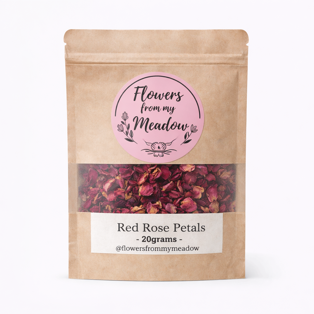 Package of red rose petals with a pink label on a white background
