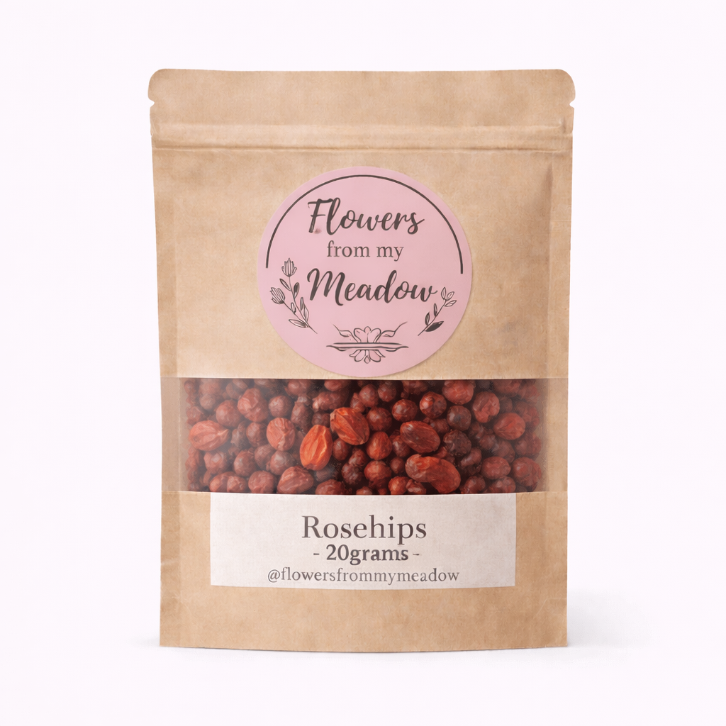 Kraft paper package of rosehips with a label on a white background