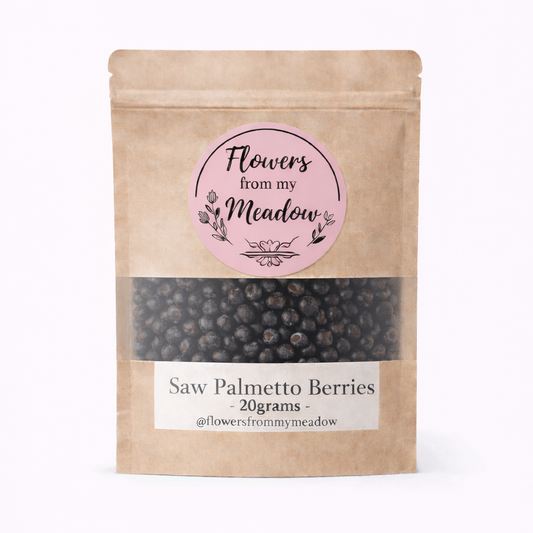Package of saw palmetto berries with a label on a white background